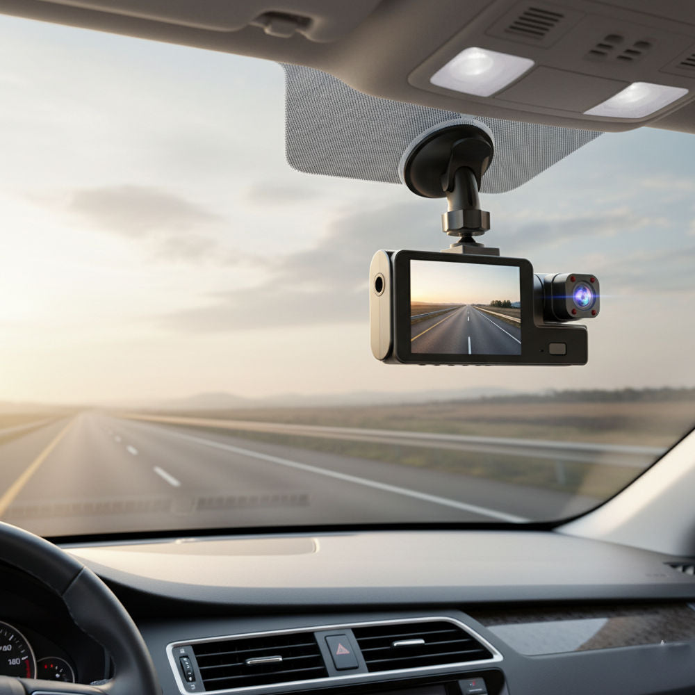 Câmera Dash Veicular Frontal Full HD 1080P Interna 720P Visão Noturna, Ângulo Amplo 170 Graus, D53S, Preto