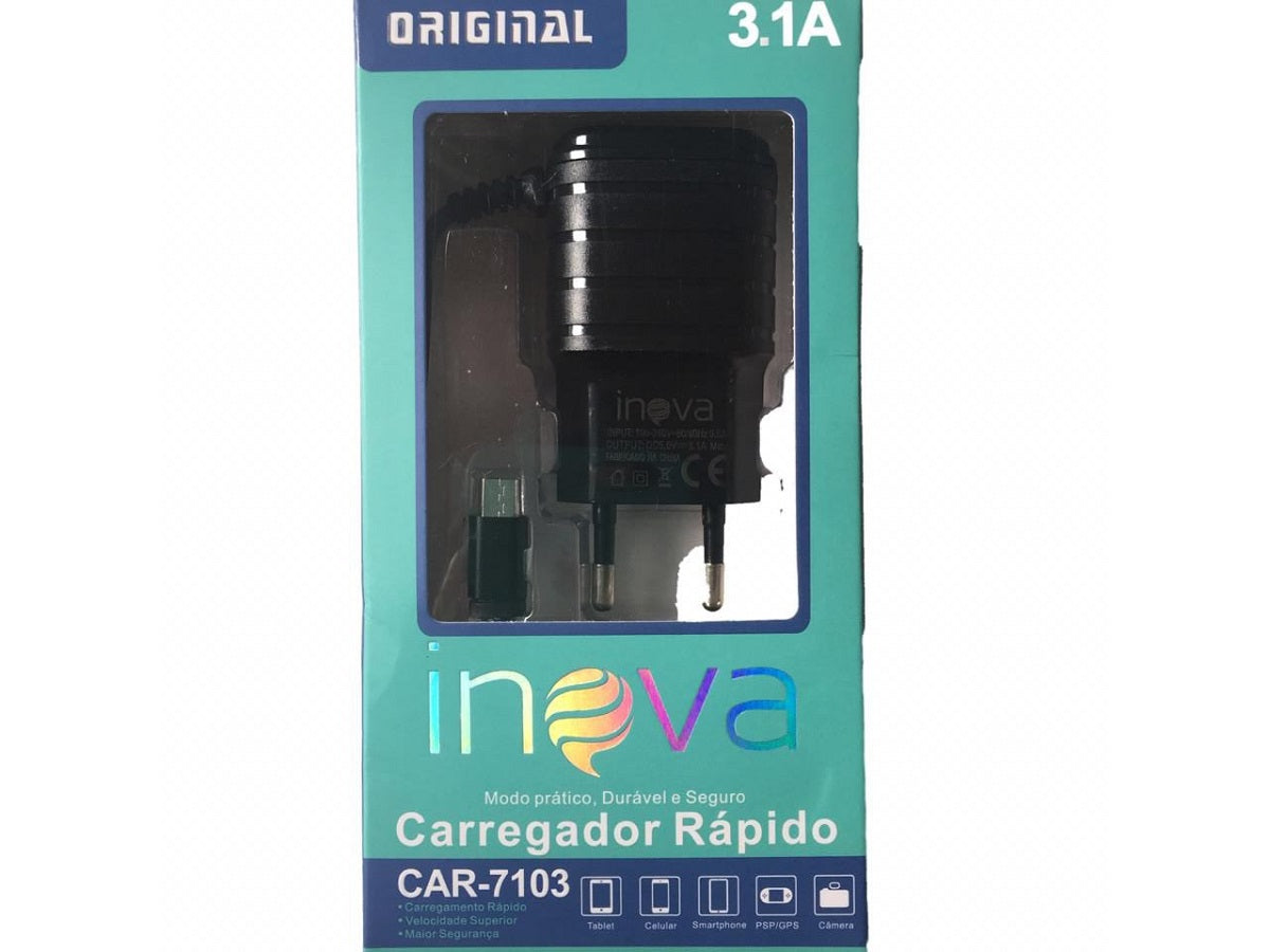 Carregador Rápido Usb Inova Original 3.1A Preto Car-10064 Com 2 Portas Usb