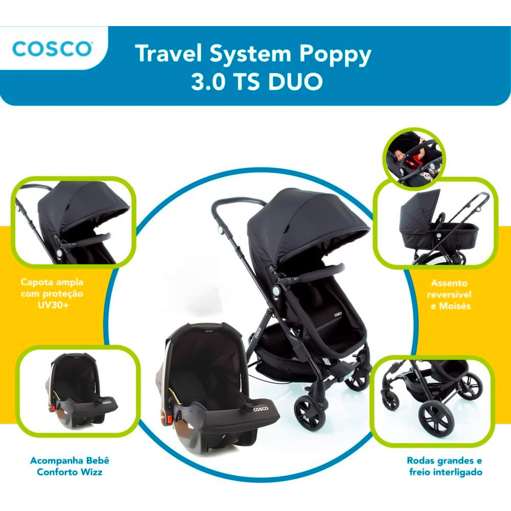 Cosco Kids, Travel System Poppy Duo, Preto Mescla