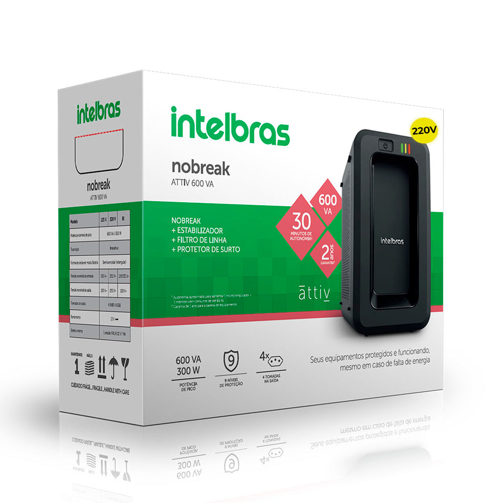 Nobreak Intelbras Monovolt 600VA ATTIV 220V Para 220V, 4 Tomadas de Saída - Preto