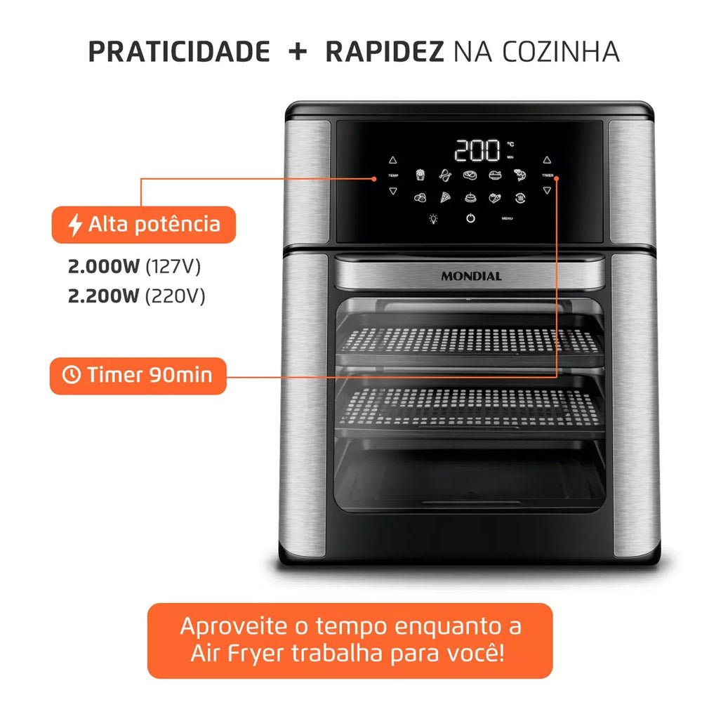 Air Fryer Fritadeira e Forno Elétrica Sem óleo Mondial - AFO-12L-BI Oven Preta 12 Litros
