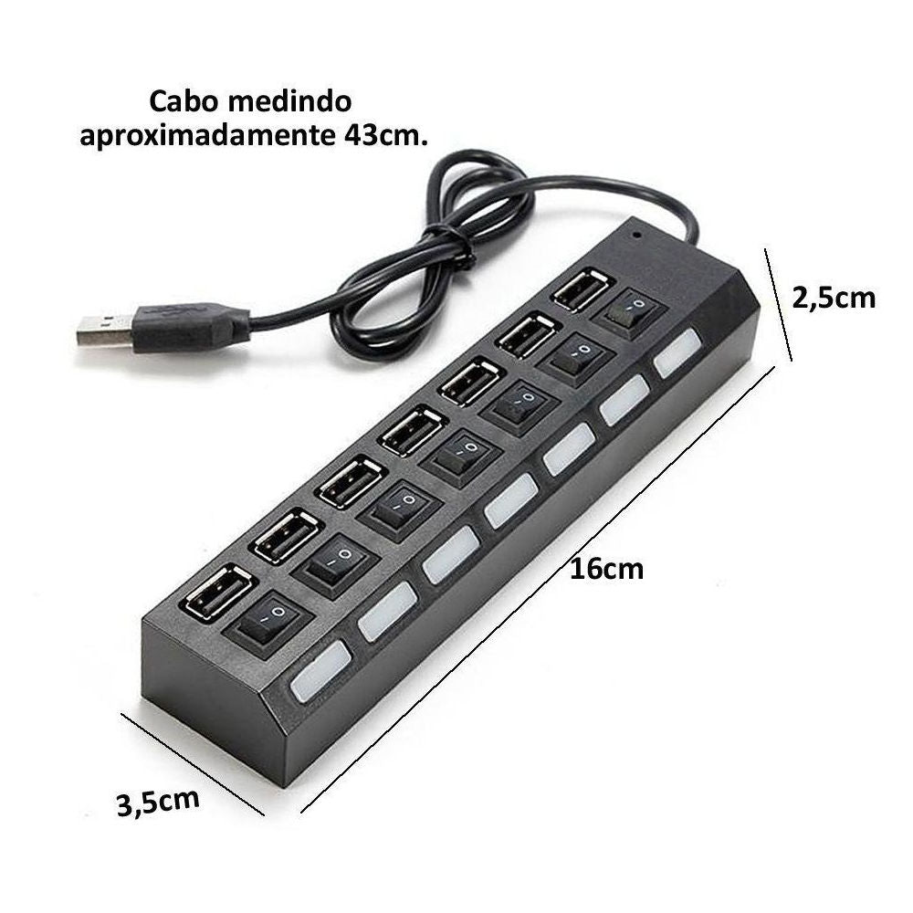 Hub USB 2.0 com 7 Portas, LED Indicador e Interruptores Individuais – Xtrad XT2067 Preto (Suporte até 500GB)