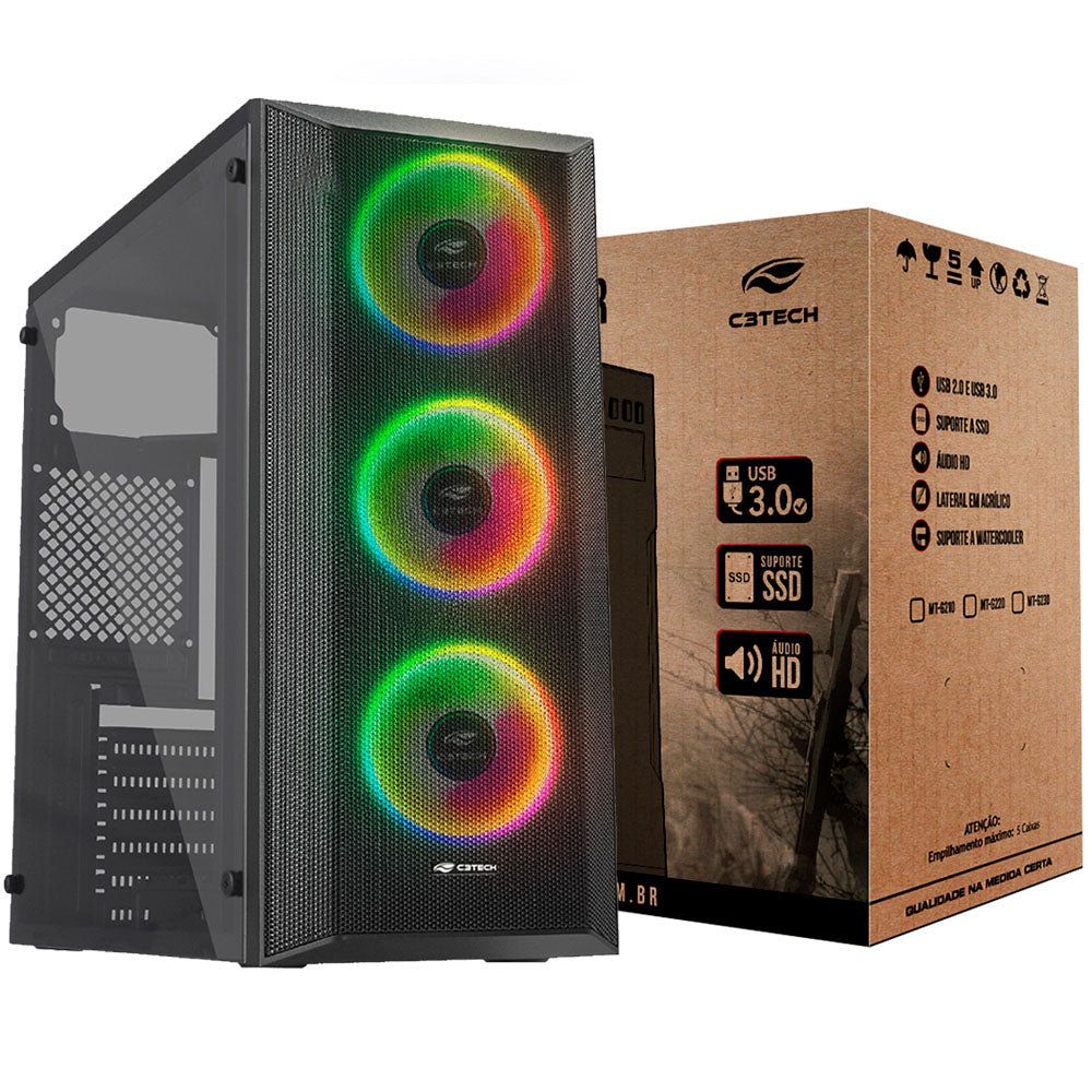 Gabinete Gamer MT-G220BK C3Tech, Lateral em Acrílico, Mid Tower, S/Fonte, Preto