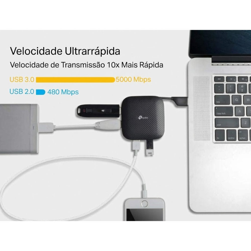 Hub USB 3.0 TP-Link UH400 com 4 Portas 5Gbps Cabo Dobrável Portátil Plug & Play Windows, Mac e Linux - Preto