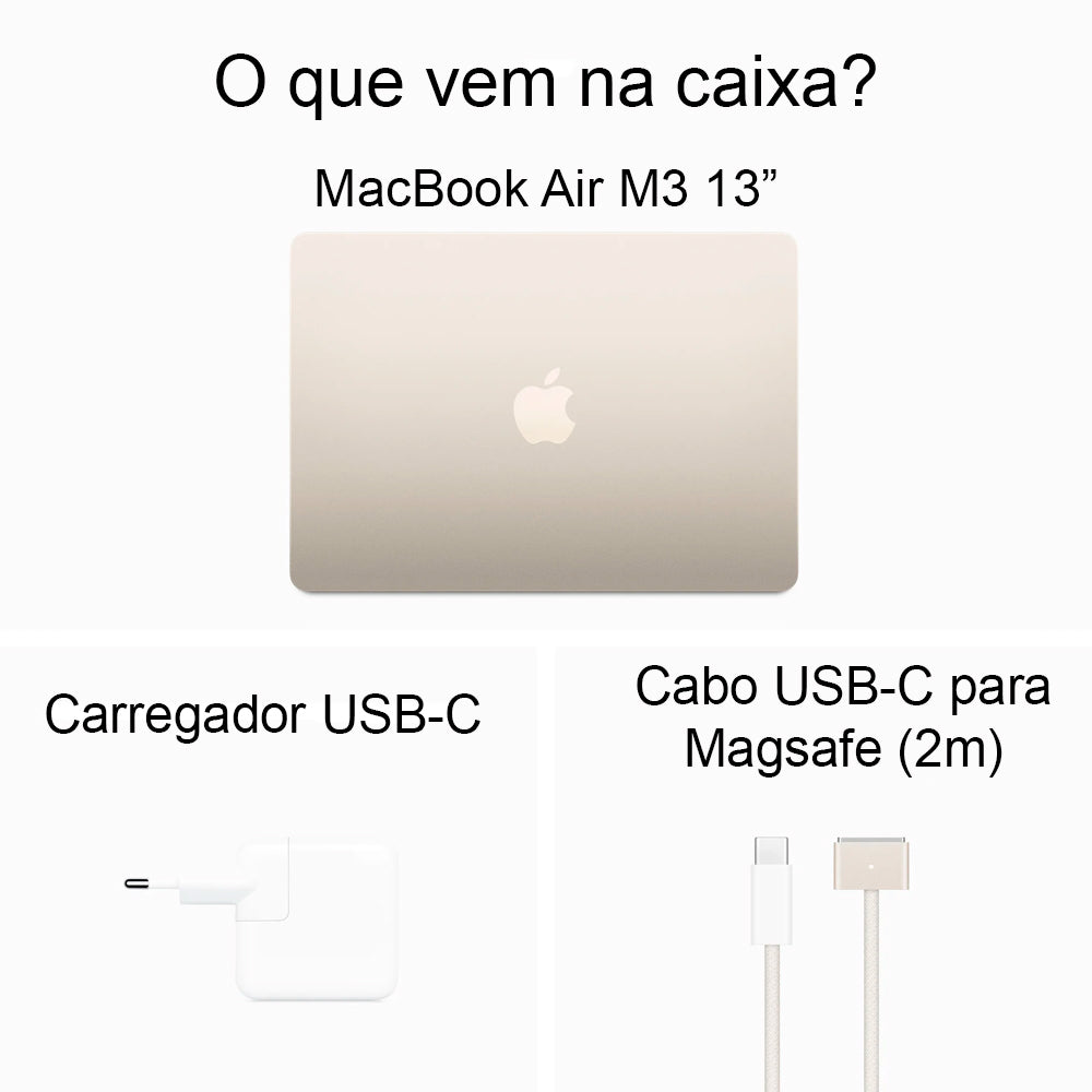 MacBook Air Apple Starlight 13,6" M3, 16GB RAM, 256GB SSD - Tela Liquid Retina 500 nits, Wi-Fi 6E, Touch ID, MC8J4LL/A