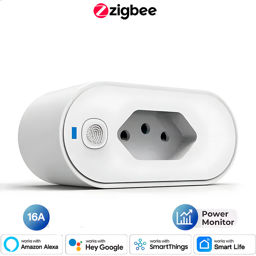 Plug de Tomada Inteligente, Zigbee 3.0, Padrão Brasileiro, 16A, Compatível Com Alexa, Google Home, SmartThings, Branco