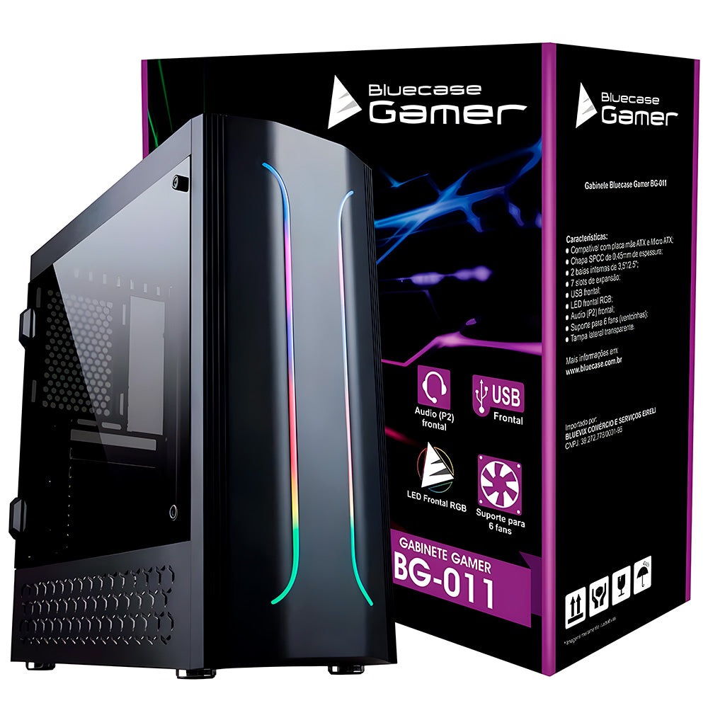 Gabinete Gamer BG-011 Bluecase, Lateral Acrílico, LED RGB, USB 3.0 Frontal, S/ Fonte, Preto, BG011GCASE