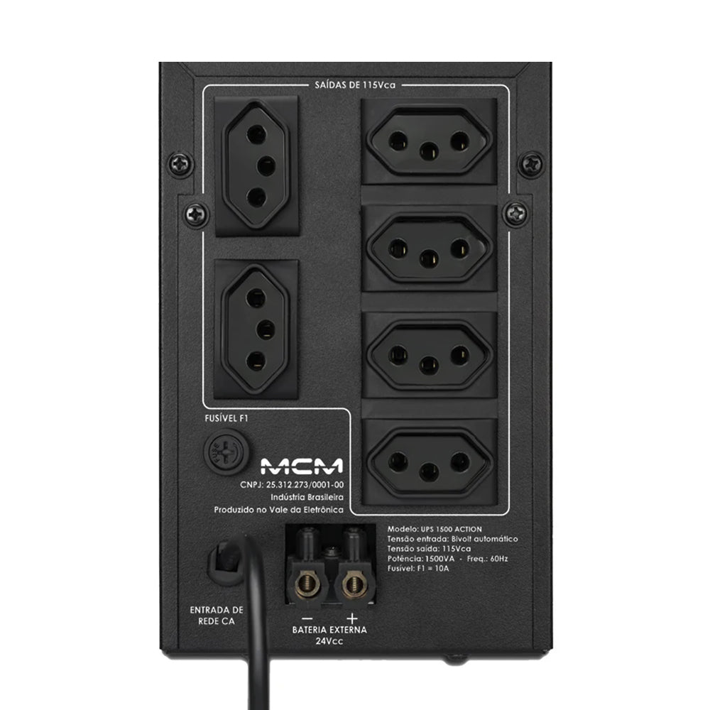 Nobreak MCM 1500VA UPS1500 ACTION FIT 3.1, 6 Tomadas, Trivolt/ 115V - UPS0261- Com Suporte Para Bateria Estacionária