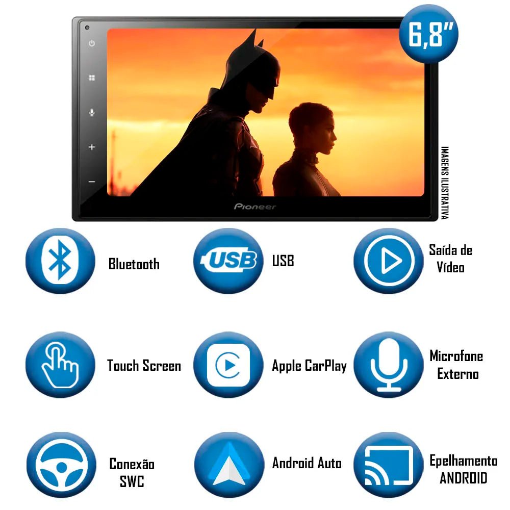 Central Multimídia Pioneer 2-Din, Tela 6,8