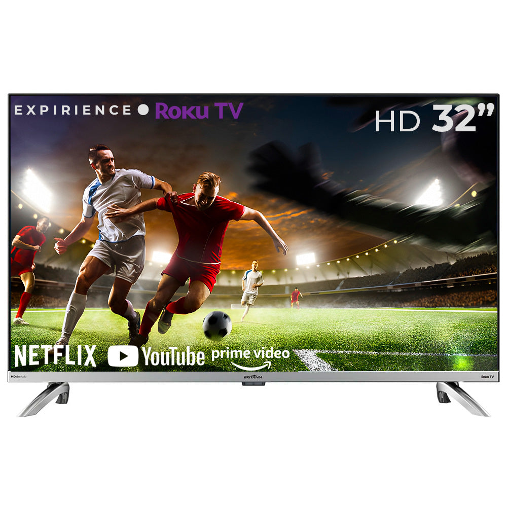 Smart TV LED 32” HD Britânia BTV32G7PR2CSGBL Dolby Audio, Wi-Fi, Entradas HDMI e USB, Roku TV