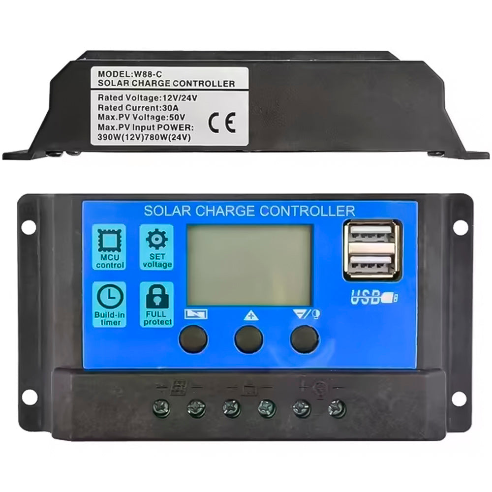 Controlador de Carga Para Painel Solar 30A, Com Duas Entradas USB - Preto