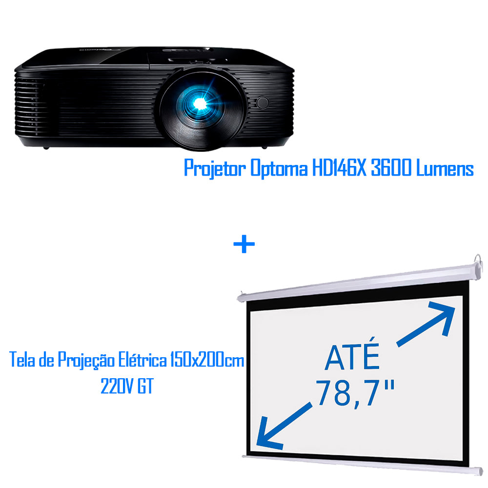 Projetor Optoma HD146X 3600 Lumens | Com Tela de Projeção Elétrica 150x200cm 220V GT