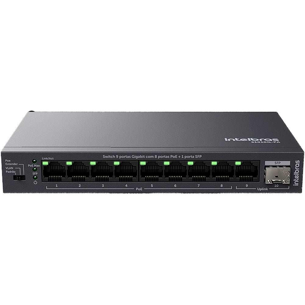 Switch 9 Portas Intelbras S1010G-PA Gigabit Ethernet 8 Portas PoE Com 1 porta SFP