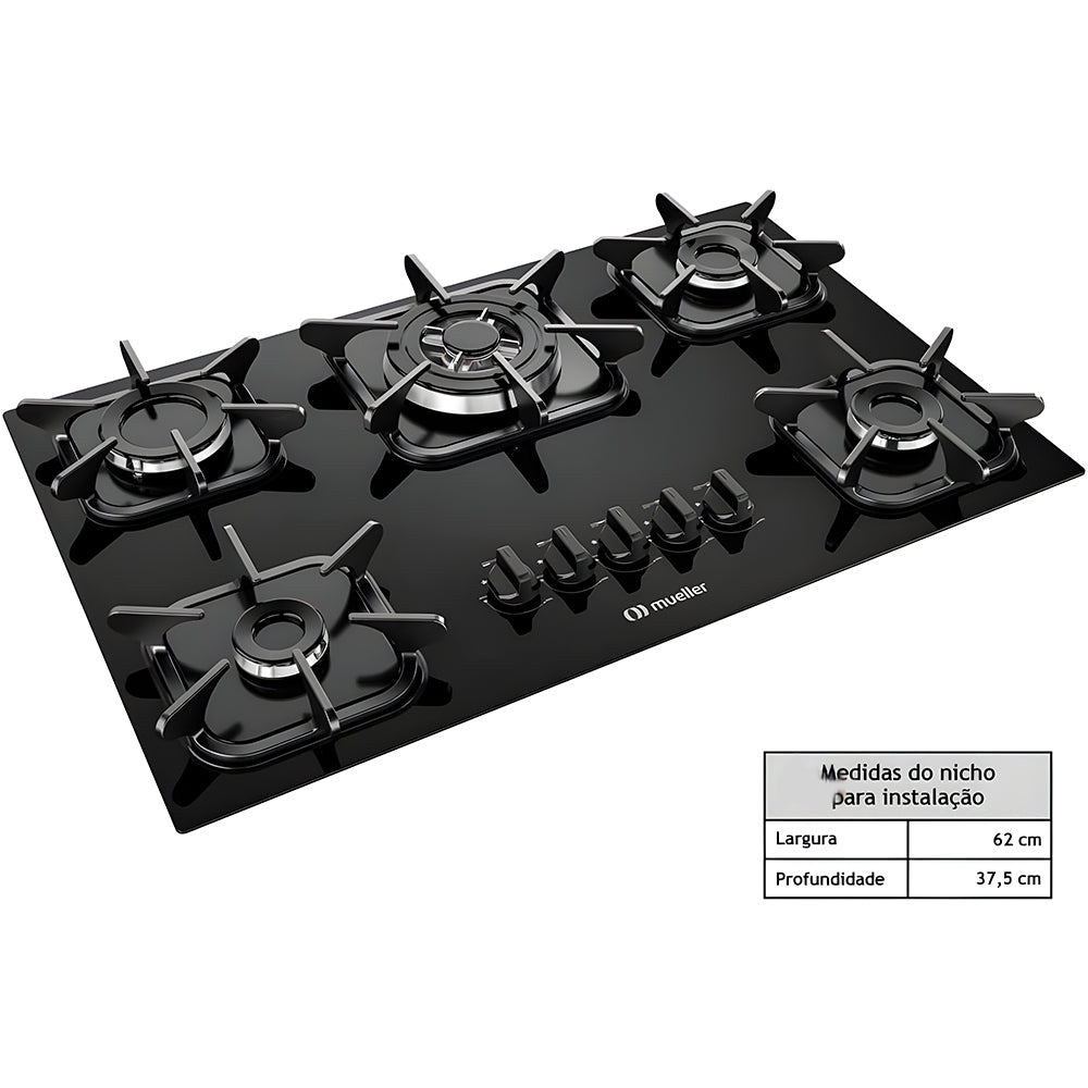 Fogão Cooktop á Gás Mueller 5 Bocas Preto, Bivolt