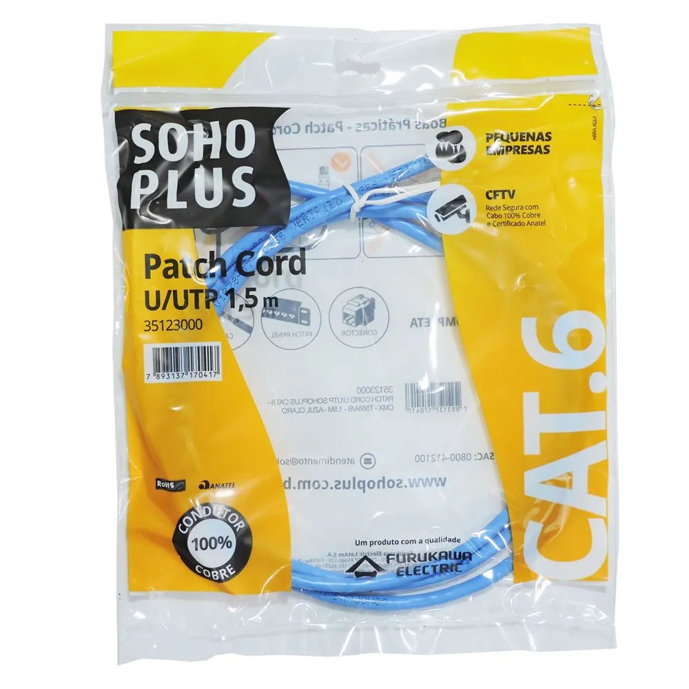 Cabo de Rede Patch Cord Furukawa Sohoplus U/UTP CAT.6 1.5 Metro Azul Claro