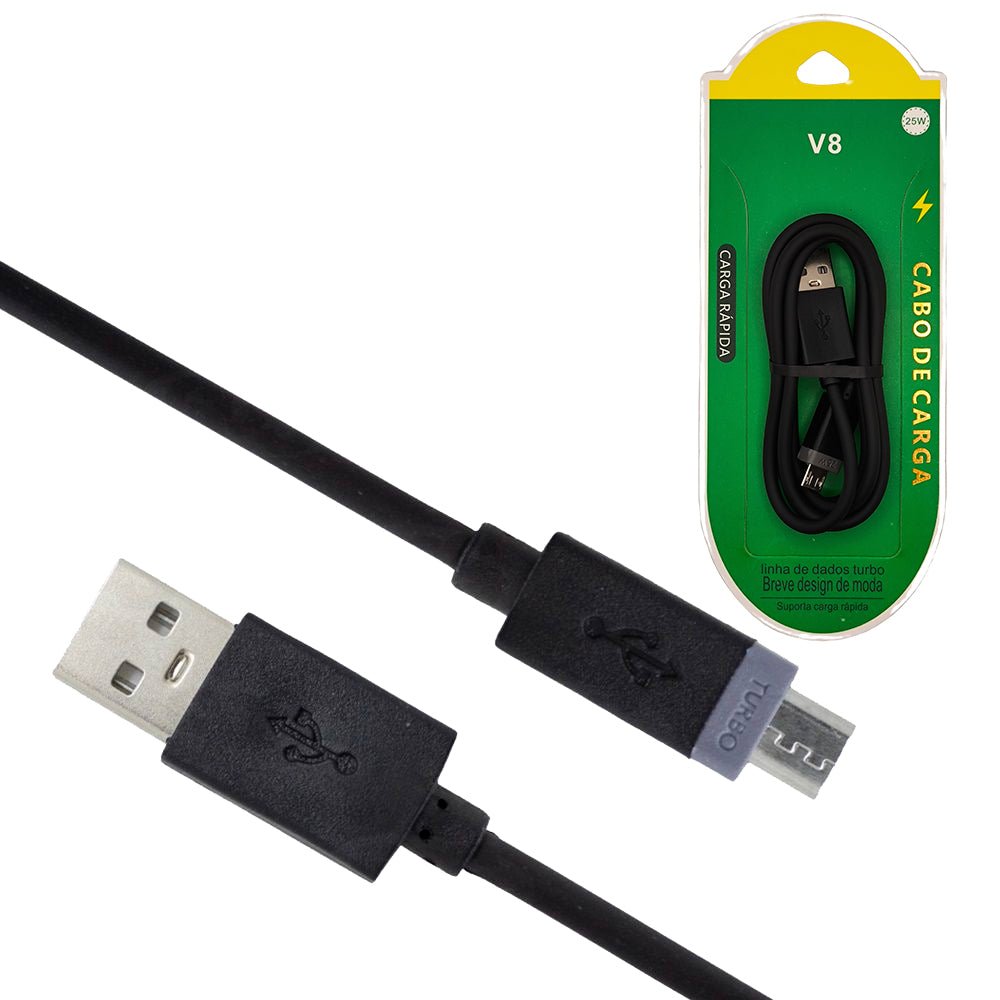 Cabo USB Para V8, Carregamento Rápido, 25W, 1 Metro de Comprimento, Preto, Caixa Verde