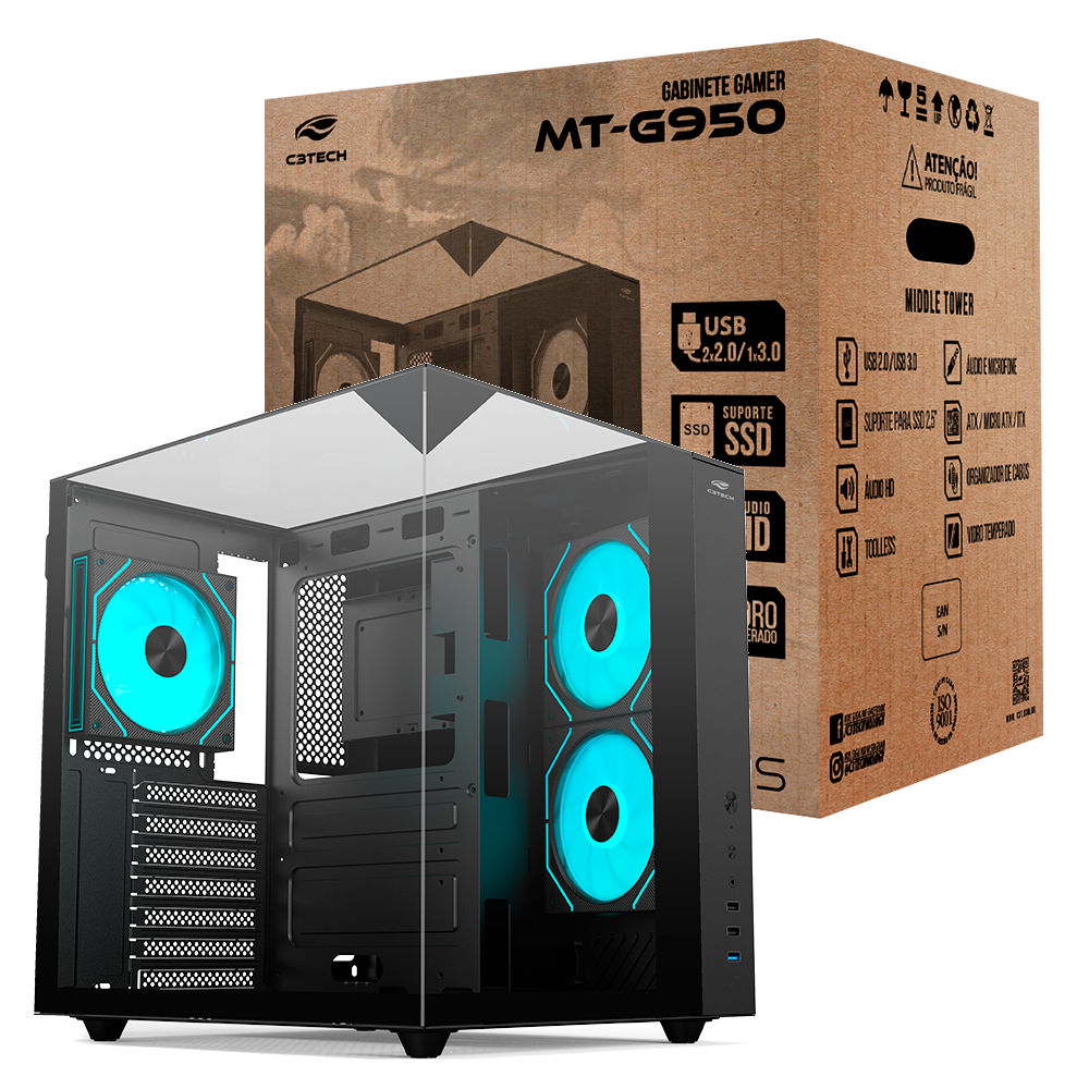Gabinete Gamer Aquário C3Tech MT‑G950BK, Mid Tower, Vidro Temperado, USB 3.0, Sem Fonte, Preto - Aquarius
