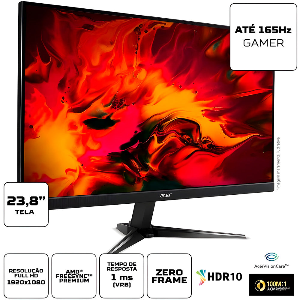 Monitor Gamer Acer Nitro 23.8" LED Full HD, 165Hz, 1ms, HDMI e DisplayPort, HDR, FreeSync Premium, VESA - QG241Y Pbiip