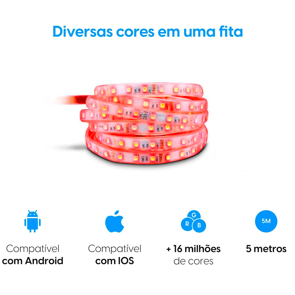 Fita de LED Inteligente 20w 3000-6500K IP44 Elgin 48FITAWIFI00, 5 Metros RGB Wi-fi Bivolt Com Alexa e Google Home