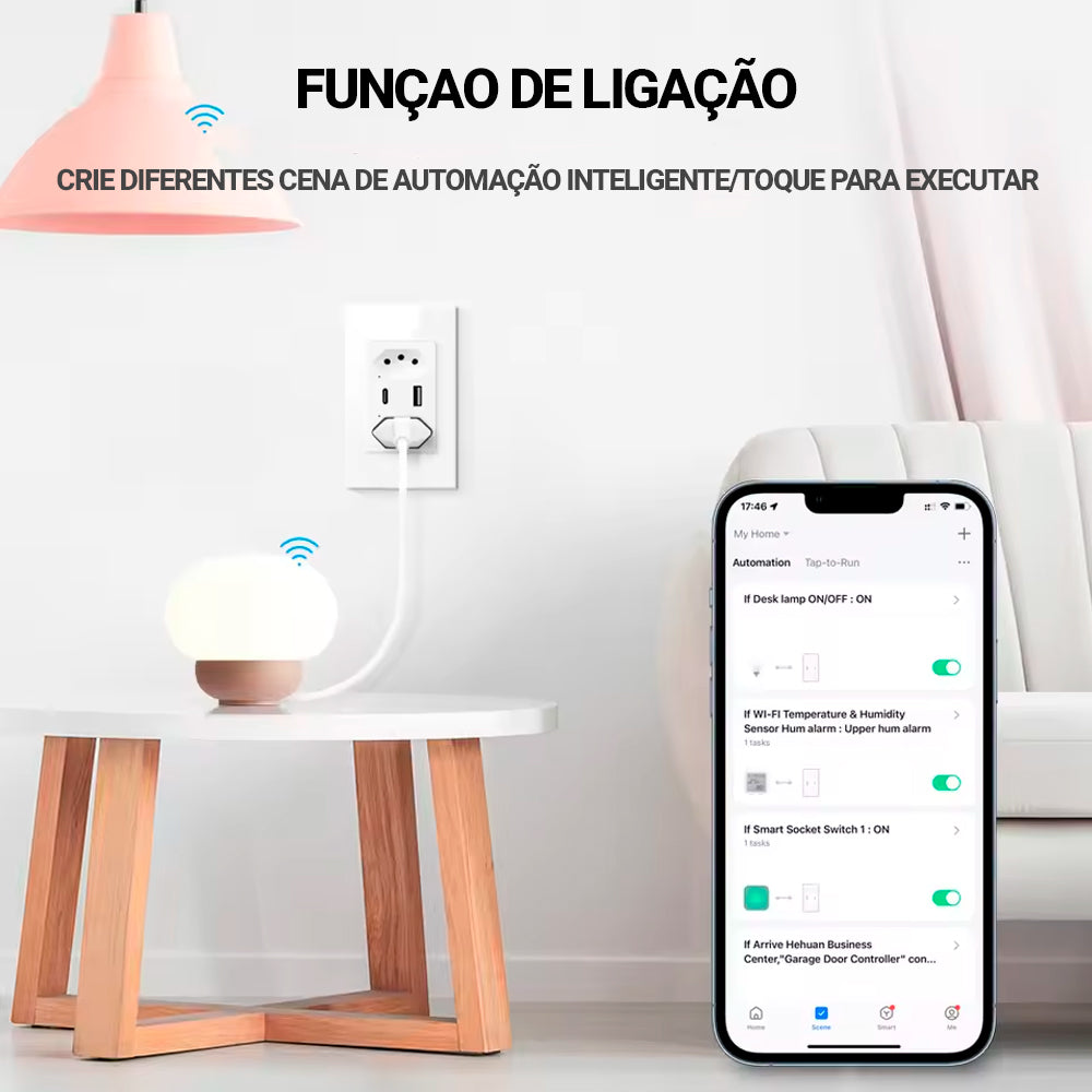 Tomada Dupla Inteligente, Zigbee, 3 Pinos, Uma Entrada USB e Uma USB-C, 16A, Compatível Com Alexa e Google Home, Branco