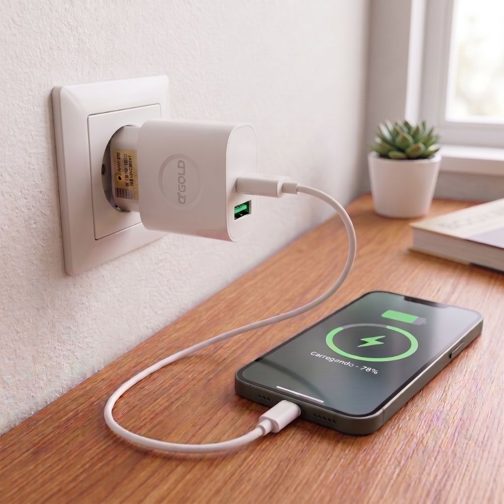 Carregador Rápido 5V Bivolt 2 Entradas USB com Cabo USB-C Universal A'Gold CA18-10, Branco
