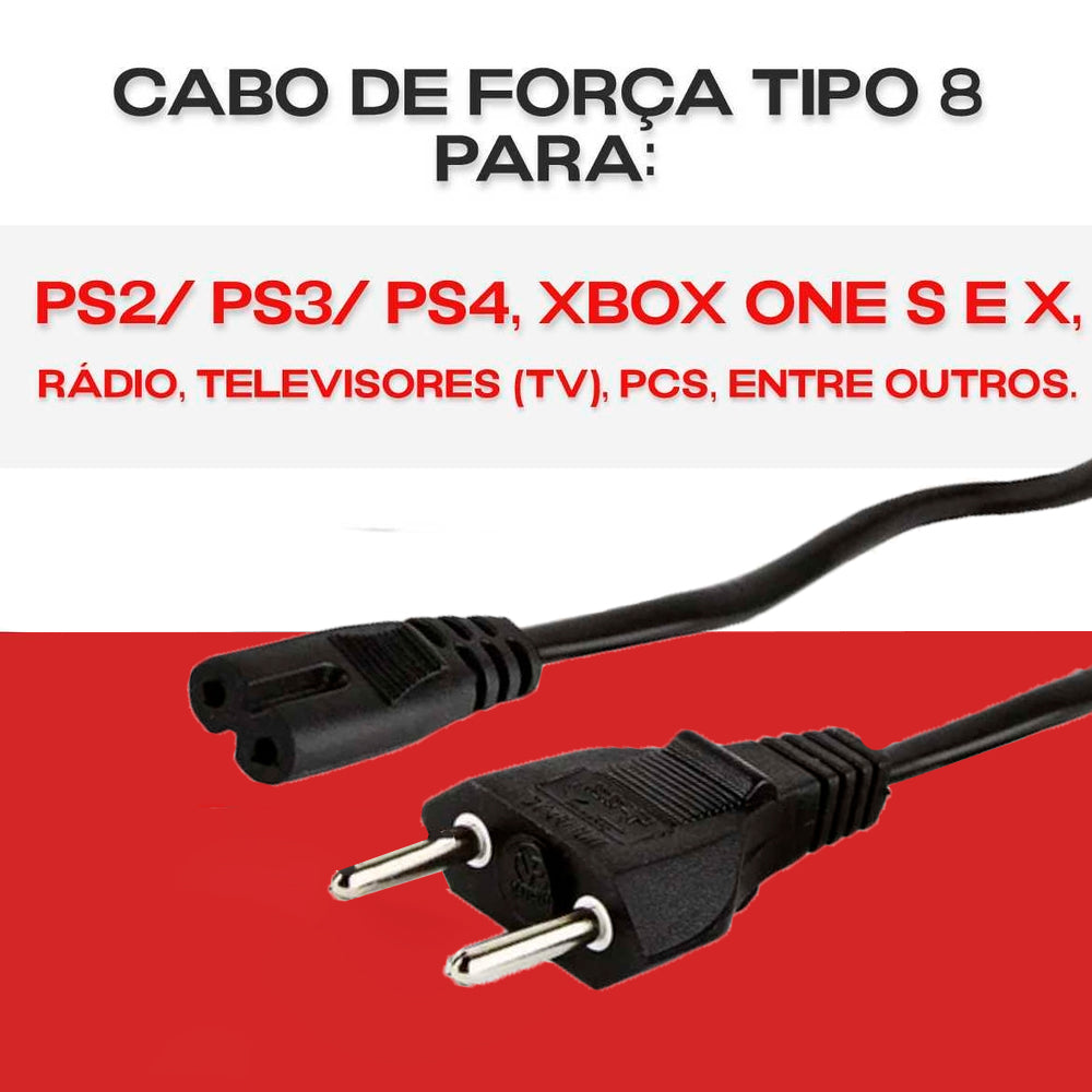 Cabo de Força Bipolar 2 Pinos 1,20m Com Conector Tipo 8
