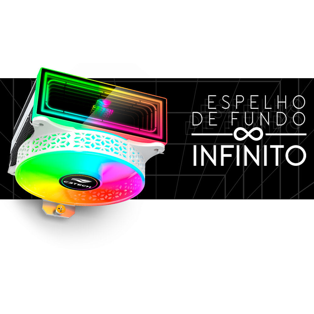 Cooler Fan CPU FC-L150RGB C3Tech, 120mm, 4 Heatpipes, RGB Espelho Infinito, 1600RPM, 50CFM, Intel/AMD - Branco