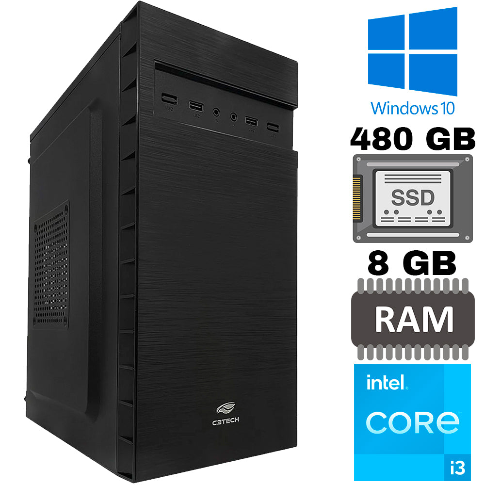 Computador Core i3-10100, Placa Mãe H510, SSD 480GB, Ram 8GB DDR4, Gab MT-32BK - Windows 10