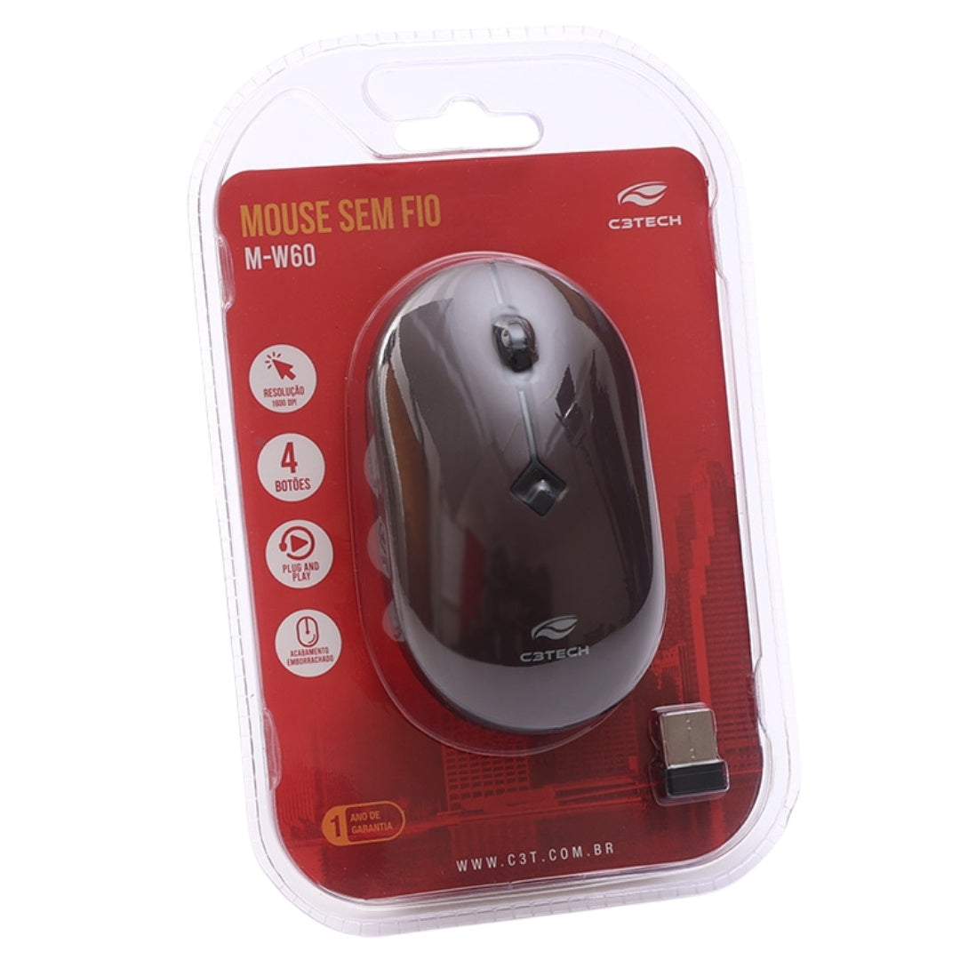 Mouse Sem Fio RC Nano, 2.4GHz, 1.600 DPI, M-W60RD, C3Tech, Plug and Play - Vermelho