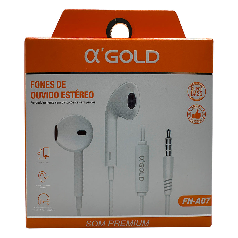 Fone De Ouvido Stereo, com Microfone, Super & Deep Bass, Fio 1.2 Metros, A'Gold, FN-A07 - Branco