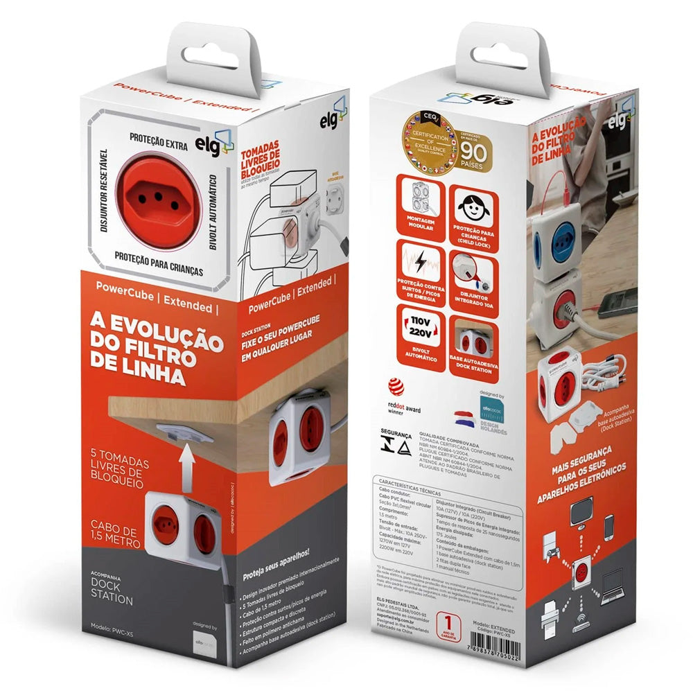 Adaptador Múltiplo, Bivolt, 5 Tomadas, Com Cabo de 3 Metros, PowerCube EXTENDED, PWC-X5/3M, ELG