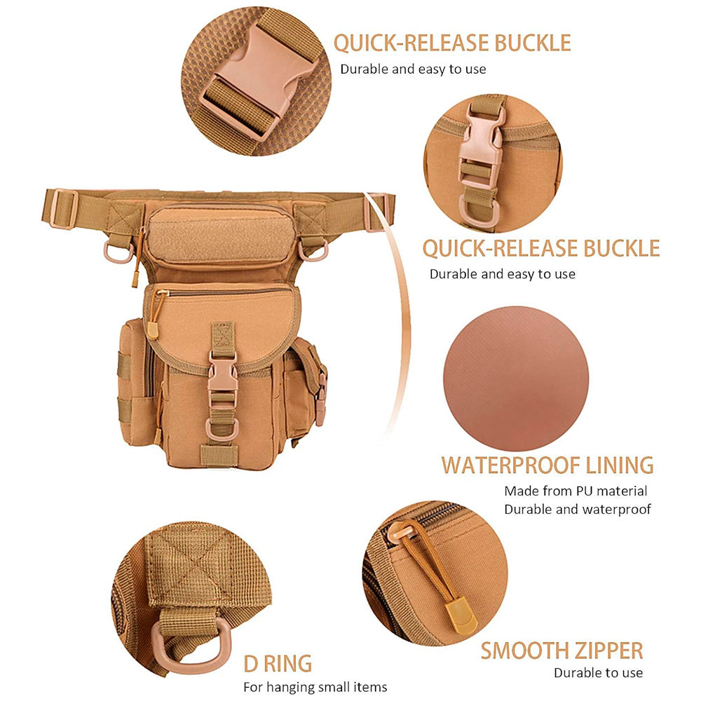 Pochete de Perna, Militar Com 7 Bolsos, Impermeável Com Ajuste de Tamanho, Multiuso - Bege