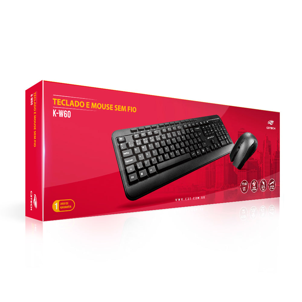 Kit Teclado e Mouse Sem Fio, K-W60BK, Multimídia, Teclado Membrana, Mouse 1.600 DPI, C3Tech, Preto