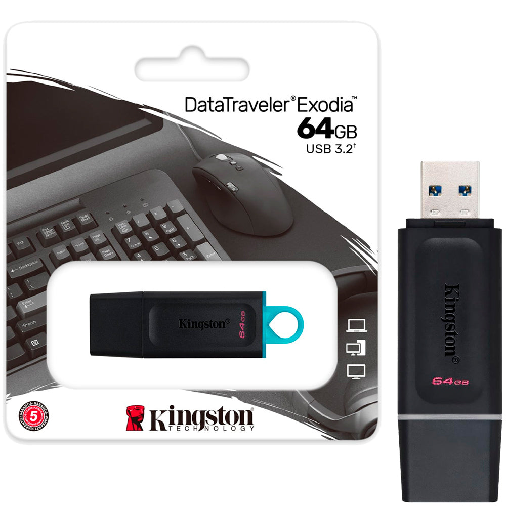 Pen Drive Kingston DataTraveler Exodia 64GB USB 3.2 Gen1, Preto/Teal, Tampa Protetora - DTX/64GB