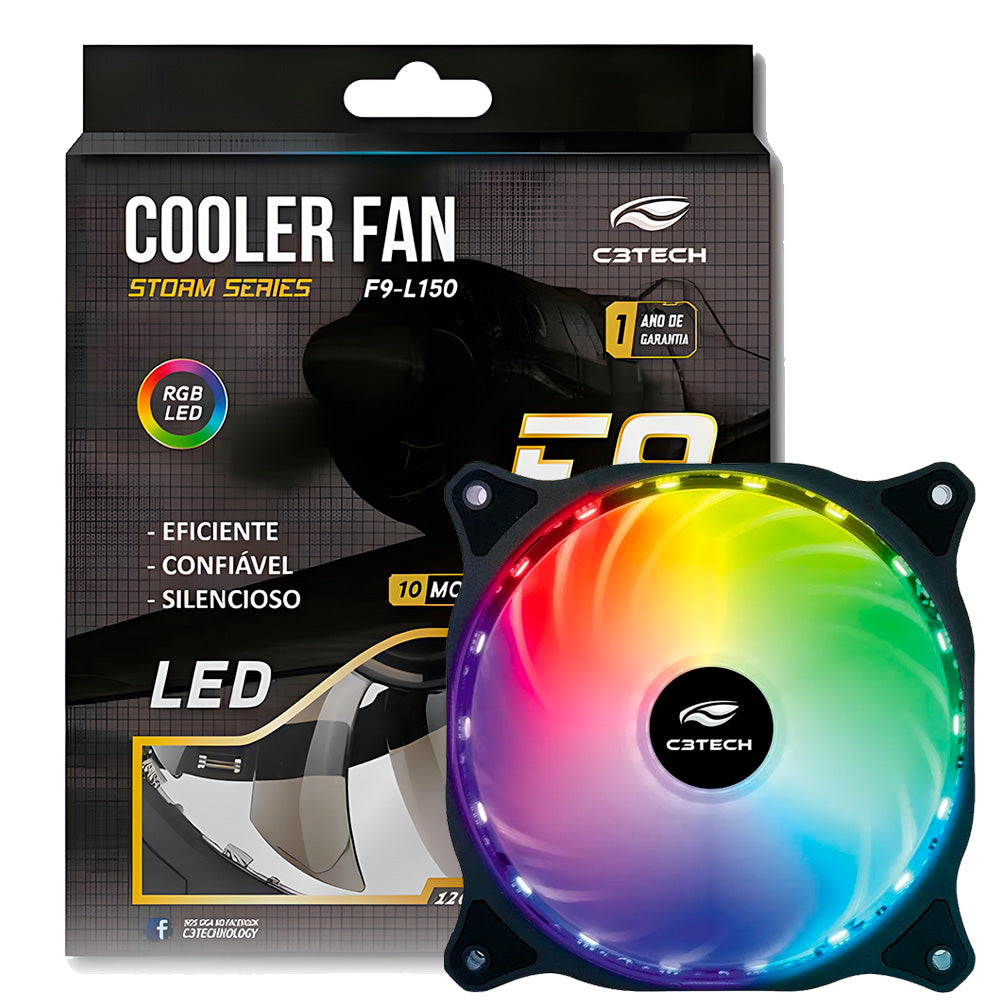 Cooler Fan F9-L150RGB Storm 12cm - Com iluminação RGB 18LED, Rolamento FDB, 12v 1200RPM - C3Tech