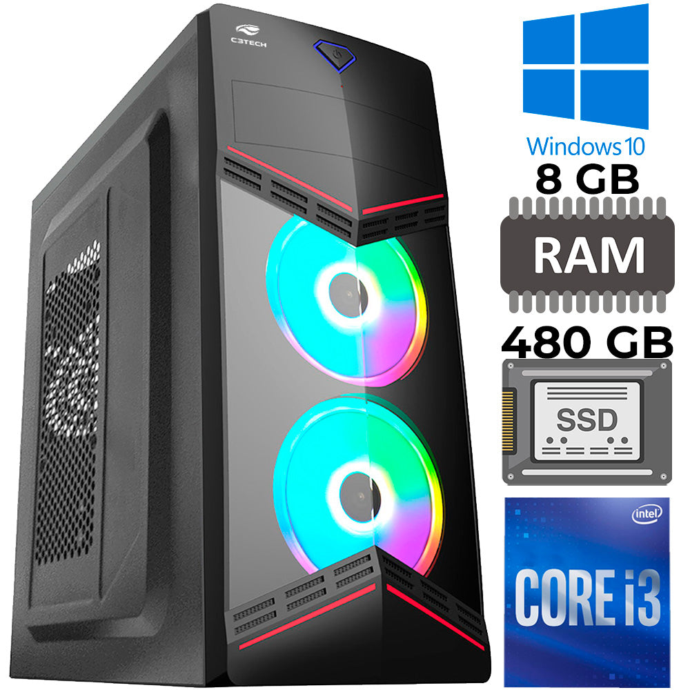 Computador Core I3-6100, Placa Mãe AK-H110M, RAM 8GB, SSD 480GB, Gab MT-G90BK, Fonte 500W PS-G500B, Mouse Pad Brinde