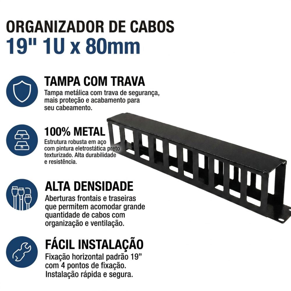 Organizador de Cabos Horizontal 1U 80mm para Rack 19"  - MAX ELETRON