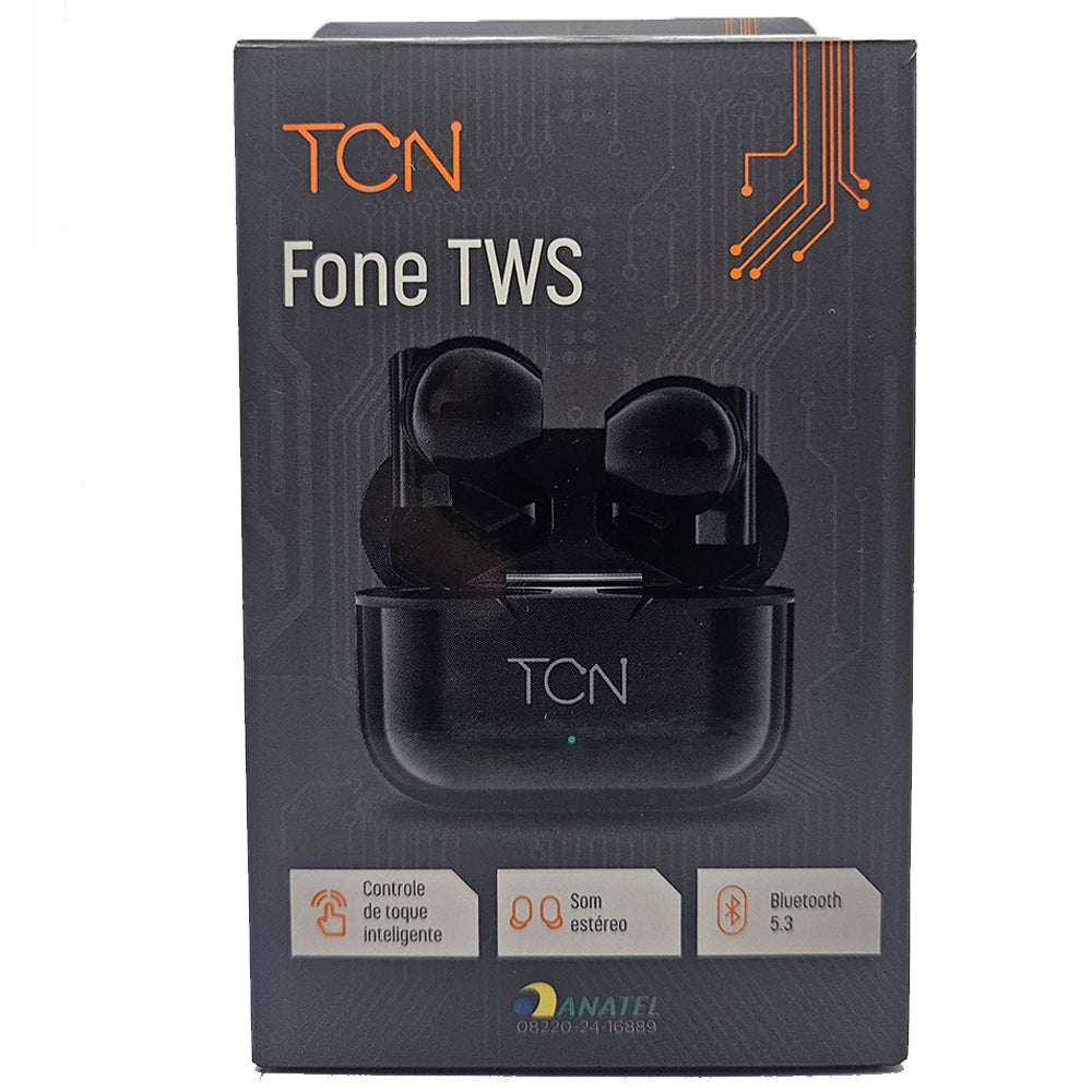 Fone de Ouvido Sem Fio Bluetooth 5.3 TWS, Alcance até 10m, Autonomia 3h, Sensor Touch e Microfone, TCN TWS - Preto