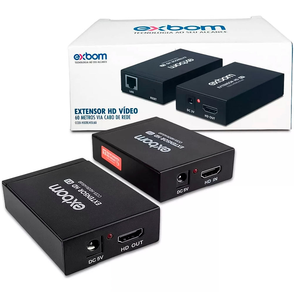 Adaptador Extensor HDMI X RJ45, CAT5e/CAT6, Transmissão Até 60M Via Cabo de Rede, EXBOM - CCEX-HD2RJ45L60