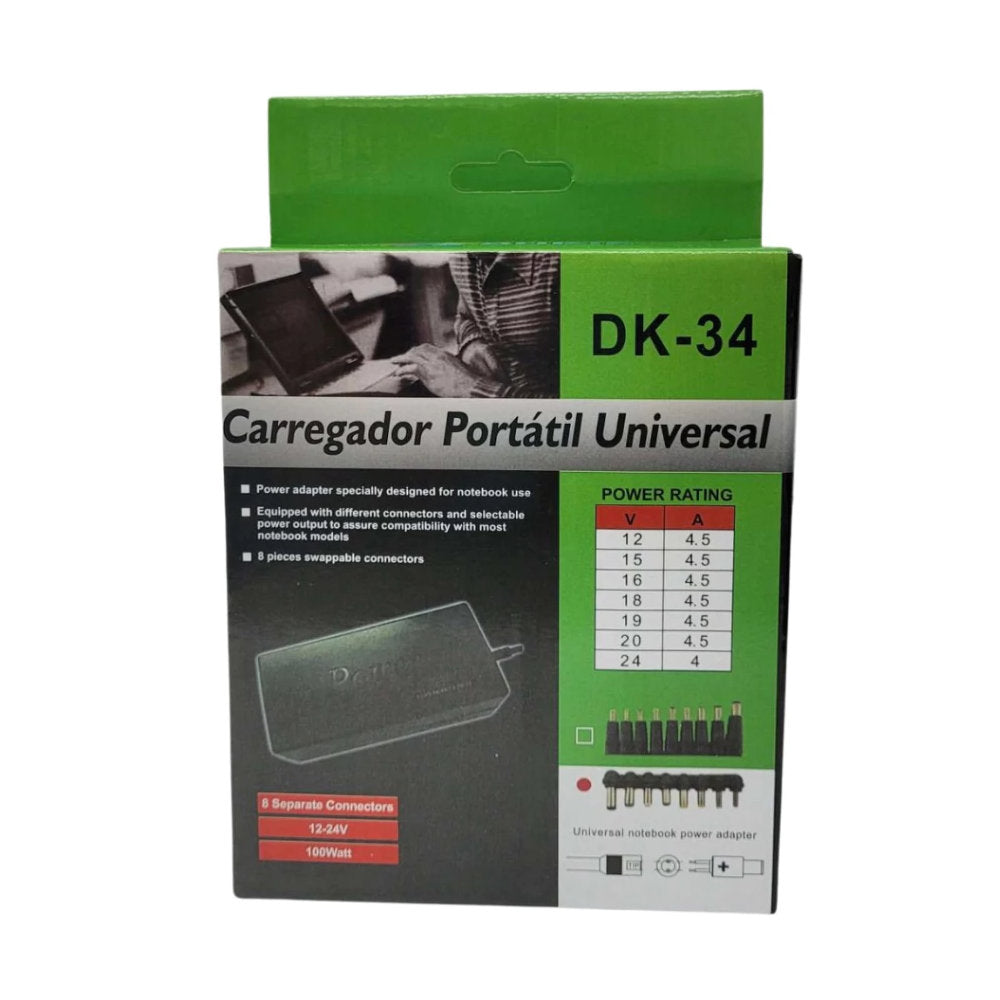 Carregador Portátil Universal, DK-34, Com 8 Conectores Separados, 12-24V, 100Watt