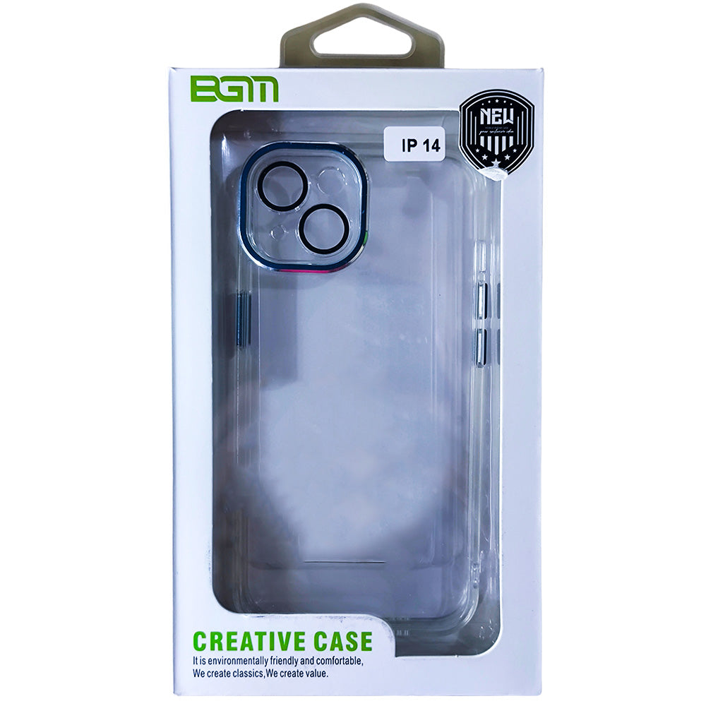 Capa Para iPhone 14, Transparente, Com Proteção de Câmera, Acabamento em Acrílico, Detalhes em Azul, BGM