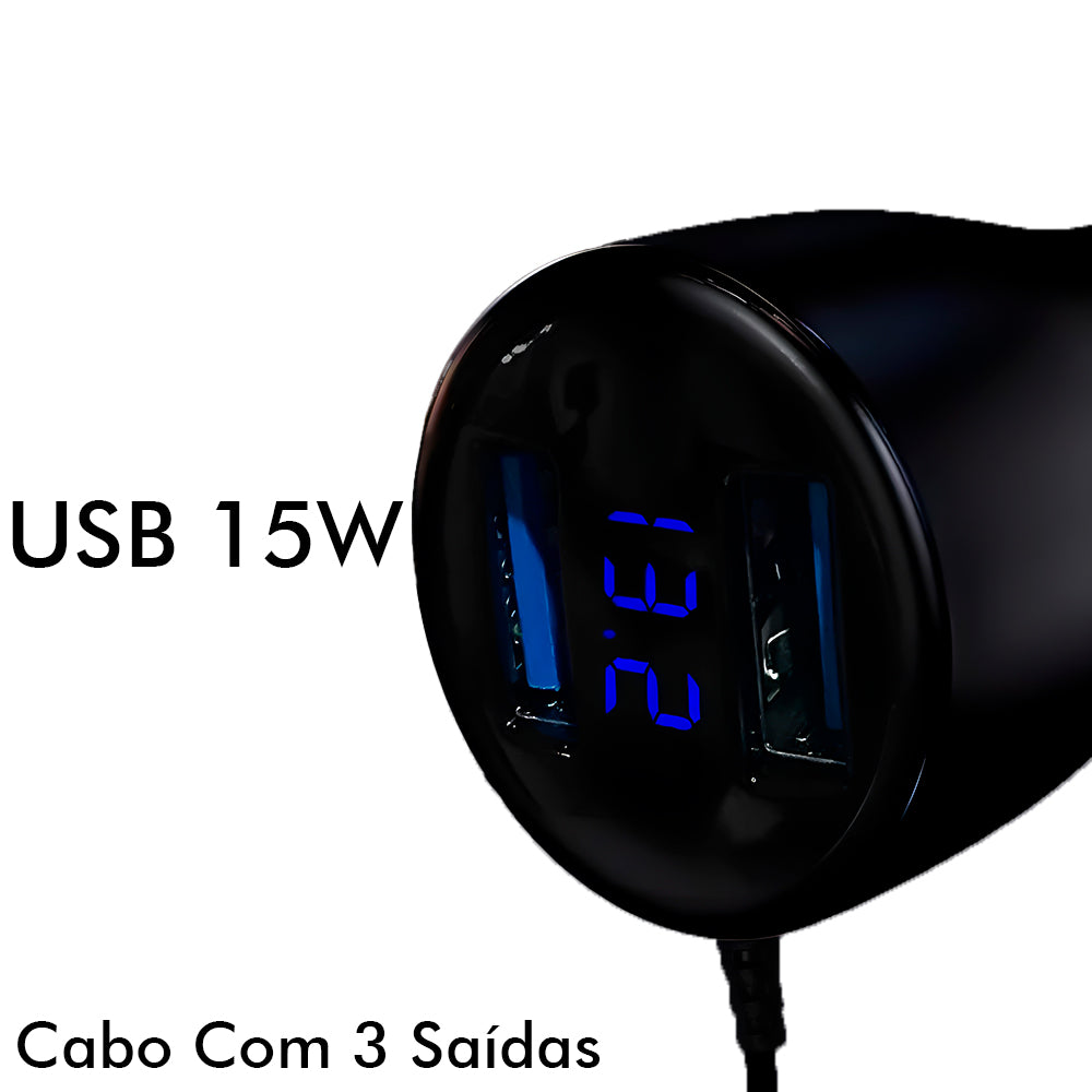 Carregador Veicular Com Duas Portas USB 3.1A e Cabo Com 3 Conectores, 15W, Display Digital - Preto