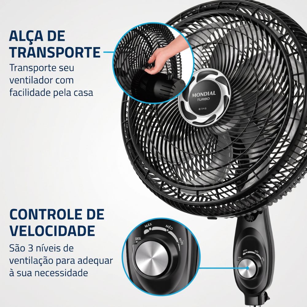 Ventilador de Coluna 40cm Mondial Turbo NVT-40C-8P-B Com 8 pás, 3 Velocidades, 140W, 220V - Preto/Prata