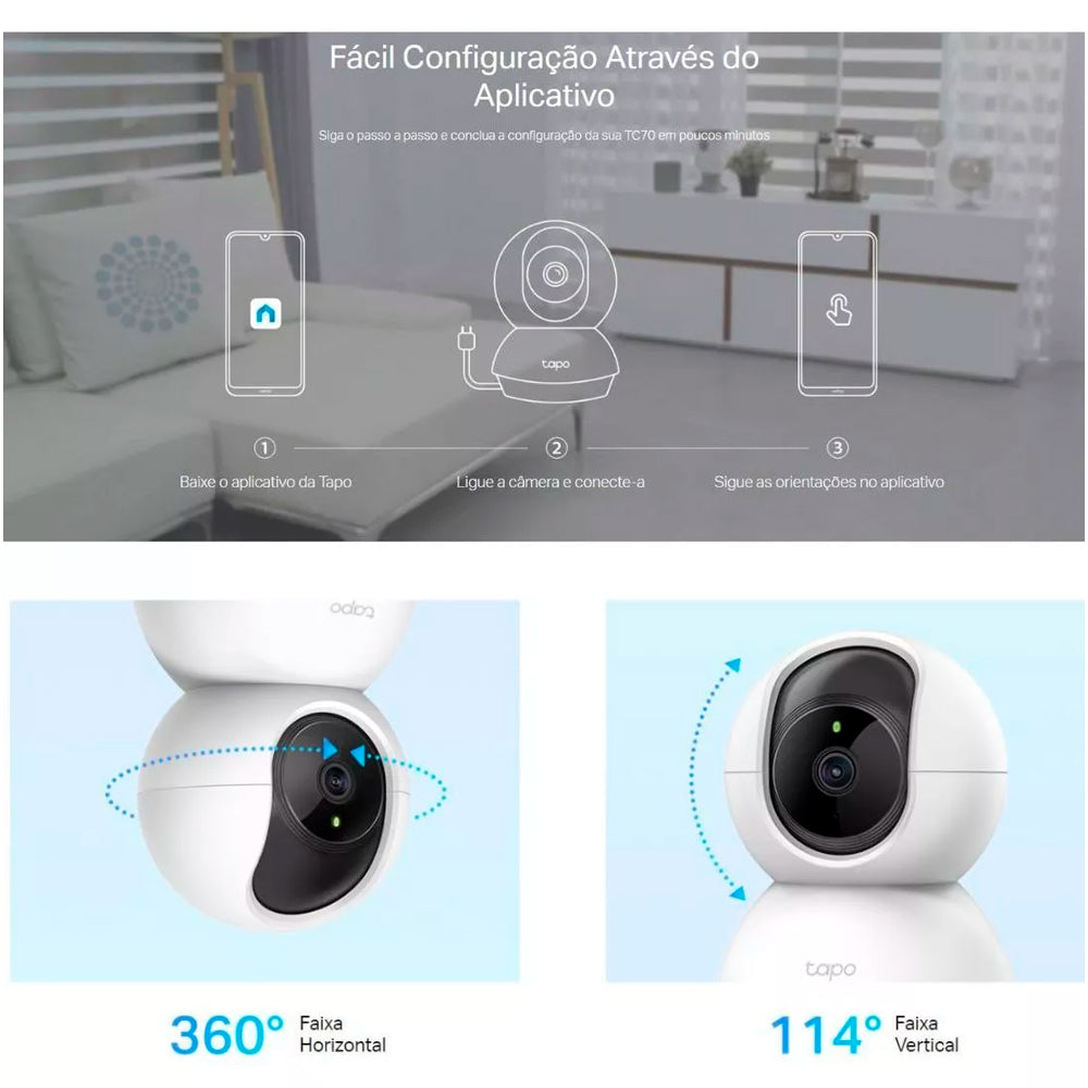 Câmera de Segurança TP-LINK Interna, Tapo TC70, Wi-Fi, 1080P FHD, Visão 360°, Visão Noturna - Branco