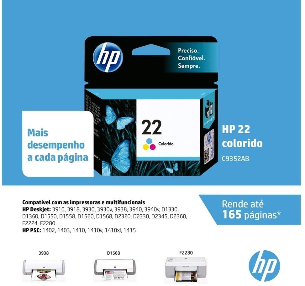 Cartucho de Tinta HP 22 Colorido C9352AB, Original, Para HP Officejet J3680-J5508 Deskjet-F2224