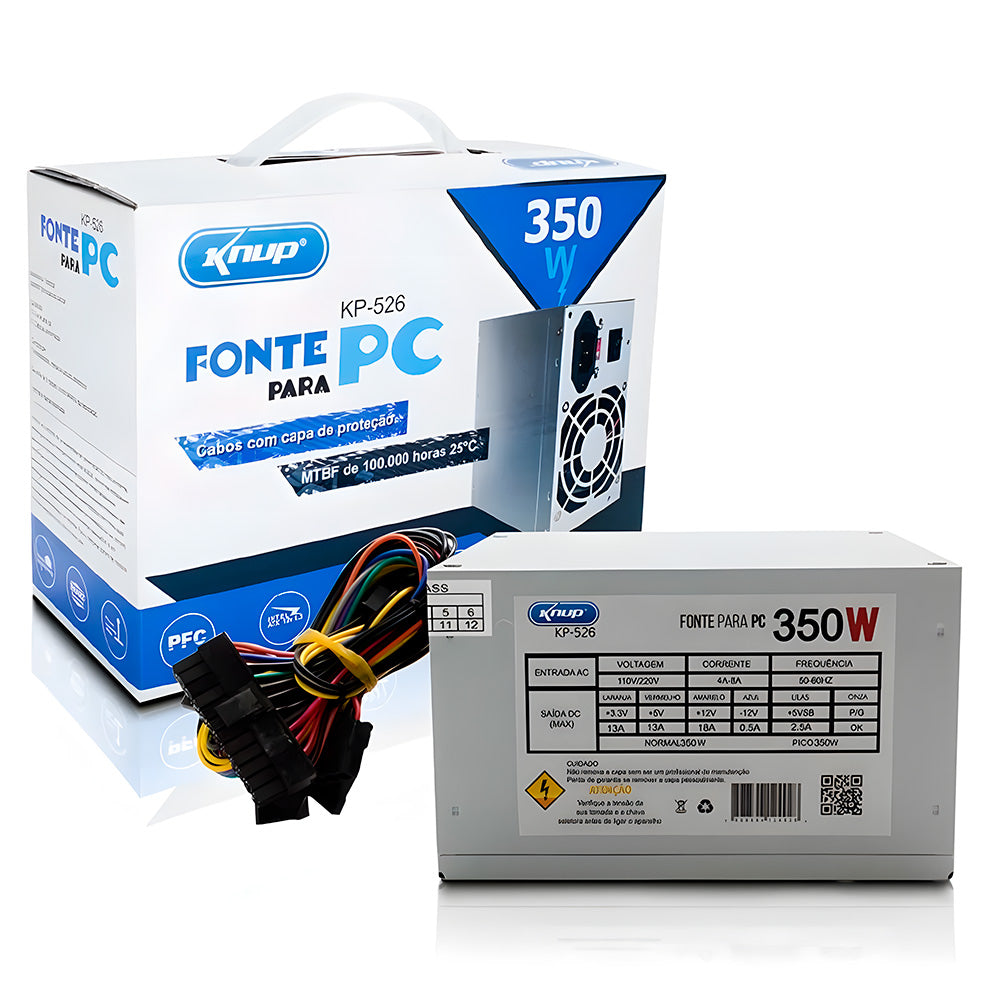 Fonte ATX 350W Real Knup KP-526, Bivolt Manual, Cooler 80 mm Ultra Silencioso, Proteção OVP/OCP/SCP, Com cabo