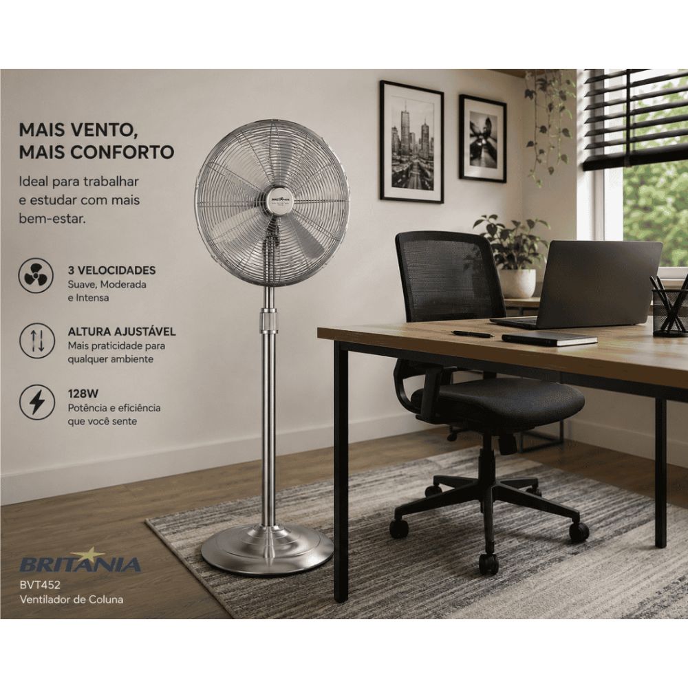 Ventilador de Coluna Britânia BVT452 Grade de 45cm Com 4 Pás, 3 Velocidades, 128W, 220V - Prata