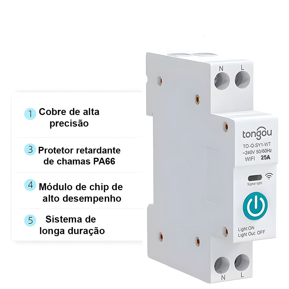 Disjuntor Inteligente Wi-Fi 25A, Compatível Com Google Assistant e Alexa, Tongou, S/ Medição, Branco