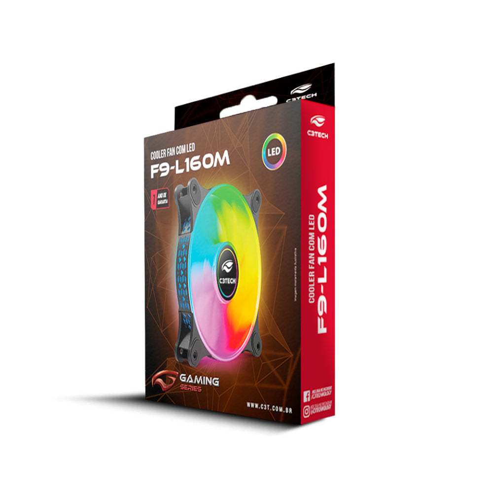 Cooler Fan F9‑L160BKM C3Tech 120 mm RGB Multicor, 9 lâminas, Rolamento Hidráulico, 1 200 RPM, Molex 4‑pinos