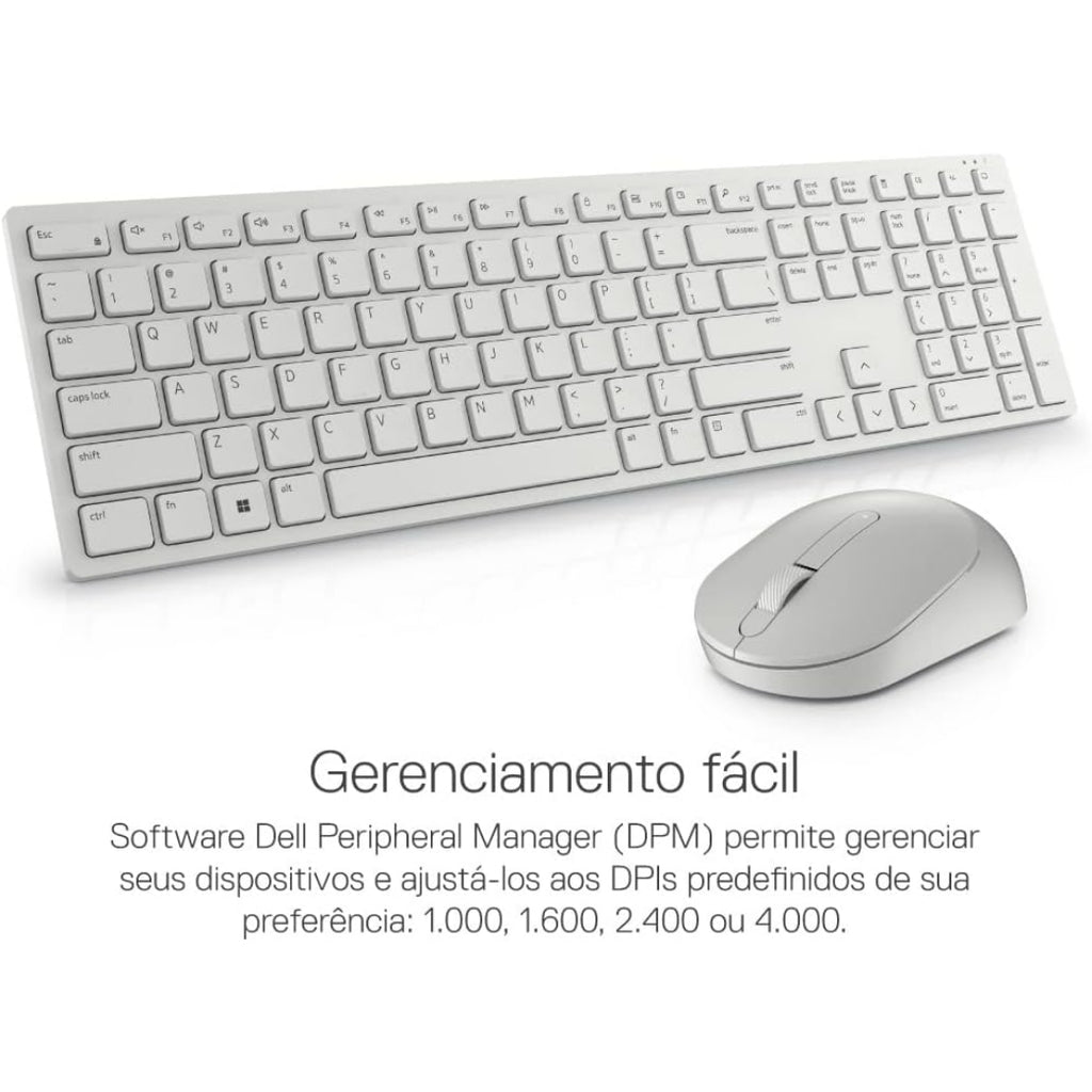 Kit Teclado e Mouse Sem Fio Dell Pro, KB3121Wt, ABNT2, Até 4.000 DPI, Bluetooth 2.4GHz, Branco